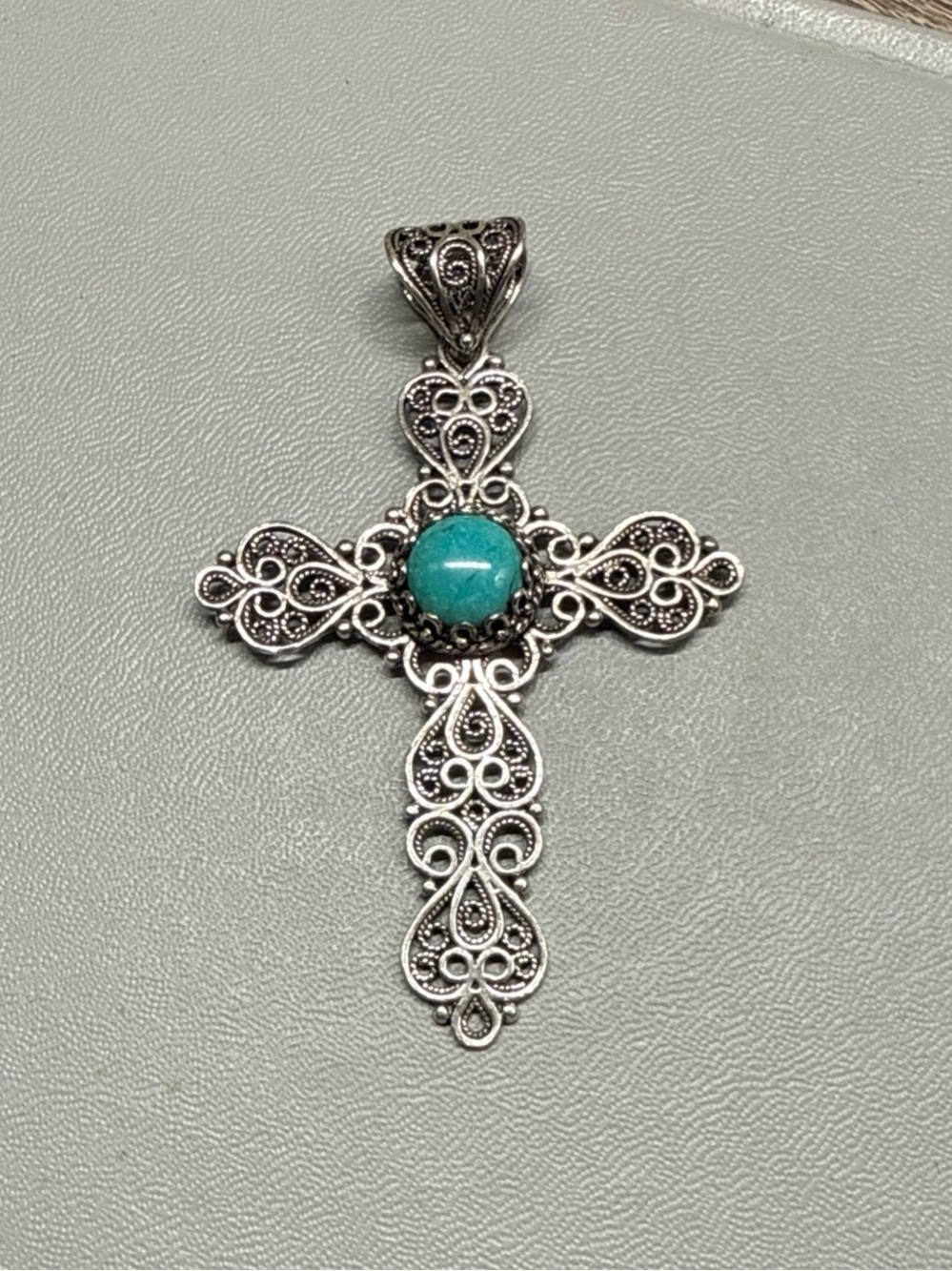 Vintage DGS Turkey Sterling Silver Filigree Turquoise Cross Large Ornate Pendant